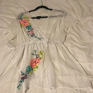 White Swiss dot top with embroidered flowers